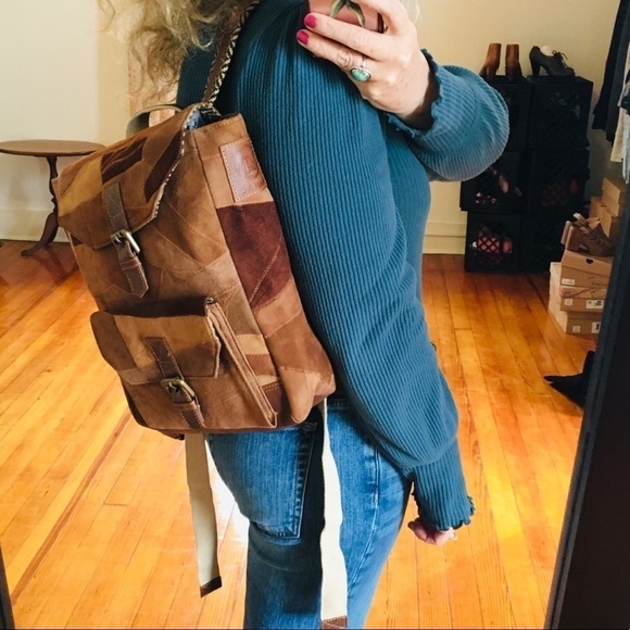 NEW Upcycled Suede Leather Patchwork Backpack - Picture 1 of 7